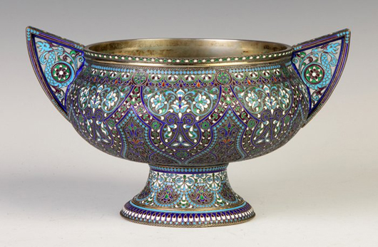 Enameled Russian silver-handled vase, circa 1900, 39 troy ounces of 800 silver. Price realized: $17,800. Cottone Auctions image.